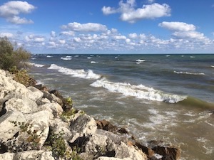 Waves crashing the Lake Michigan shore
